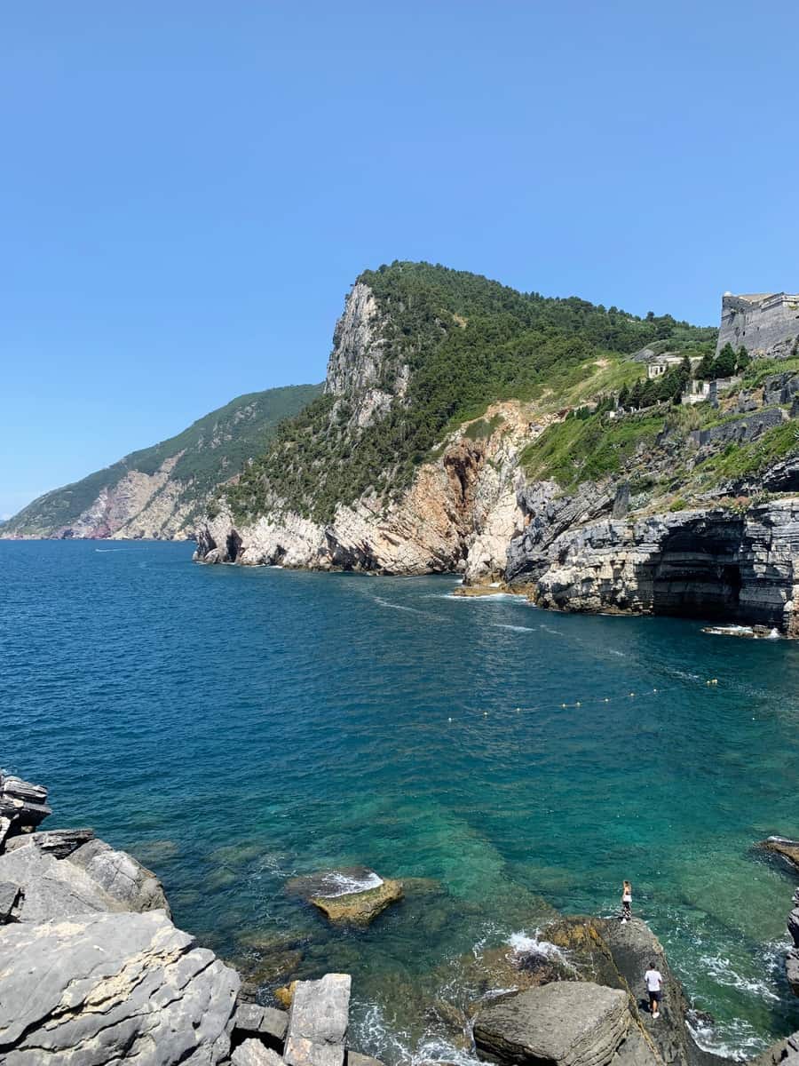 Portovenere Italy Lord Byron's Grotto Two People On Rocks Mediterranean Sea