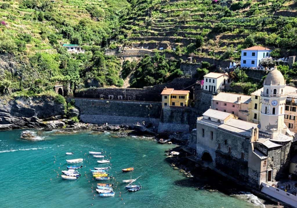 Cinque Terre Vernazza Harbor Boats Santa Margherita Di Antiochia Church Stone Walls Terraces