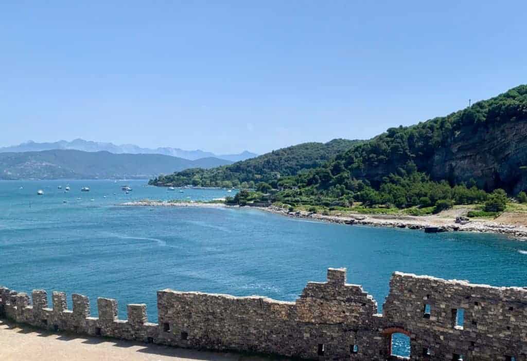 Portovenere Liguria Italy Bay Of Poets View of Old Stone Castle Wall and Palmaria Island