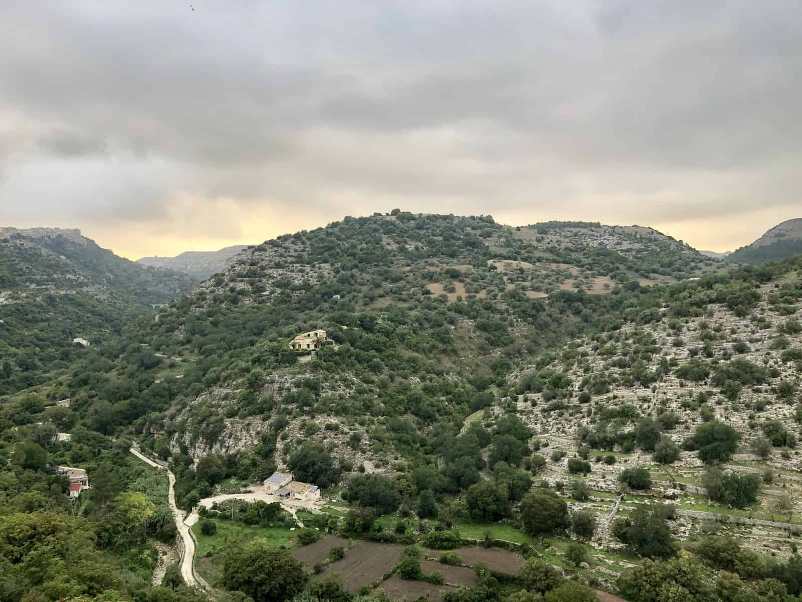 Sicily Val De Noto Hills With Farm Terracing Sunset