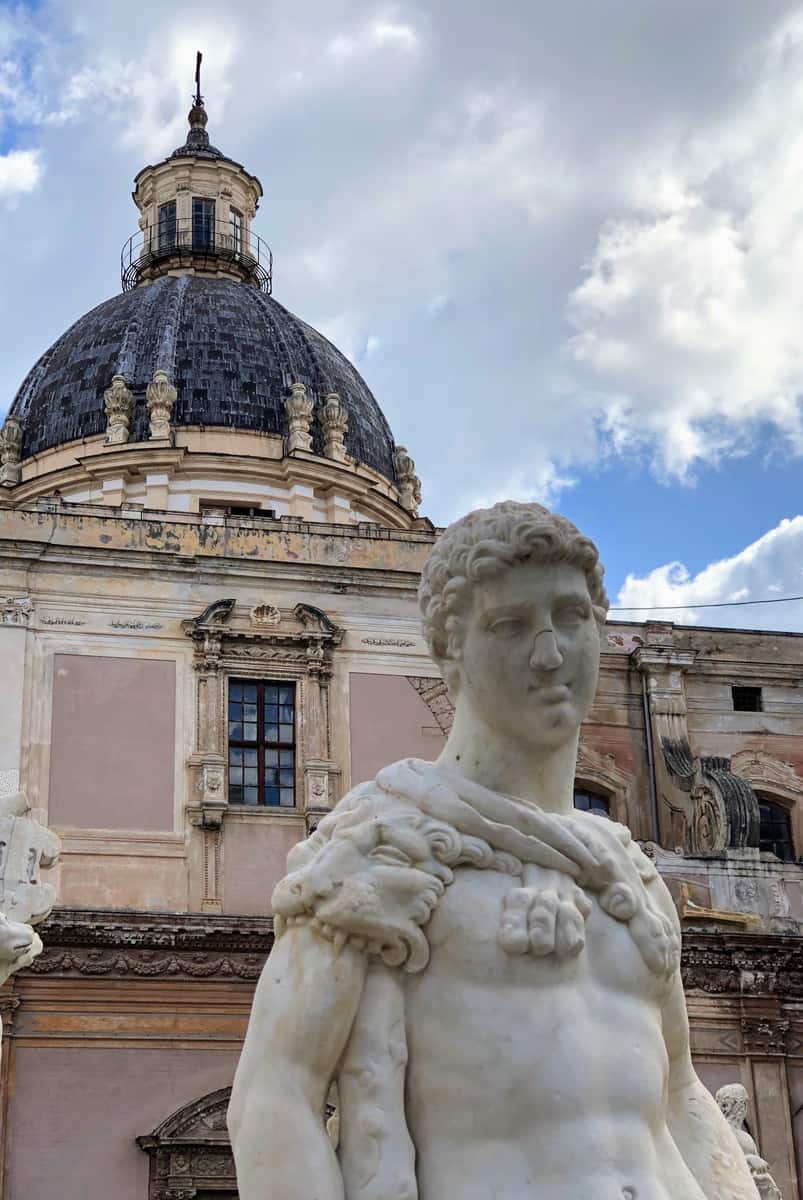 Sicily Marble Statue In Front Of Baroque Dome