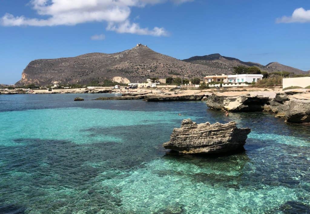 Favignana Island Sicily Calamoni Beach Rocks Boats Turquoise Sea