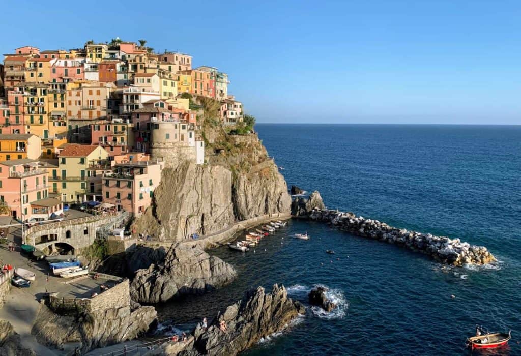 Manarola Cinque Terre Harbor Boats Colorful Houses Rocky Cliff