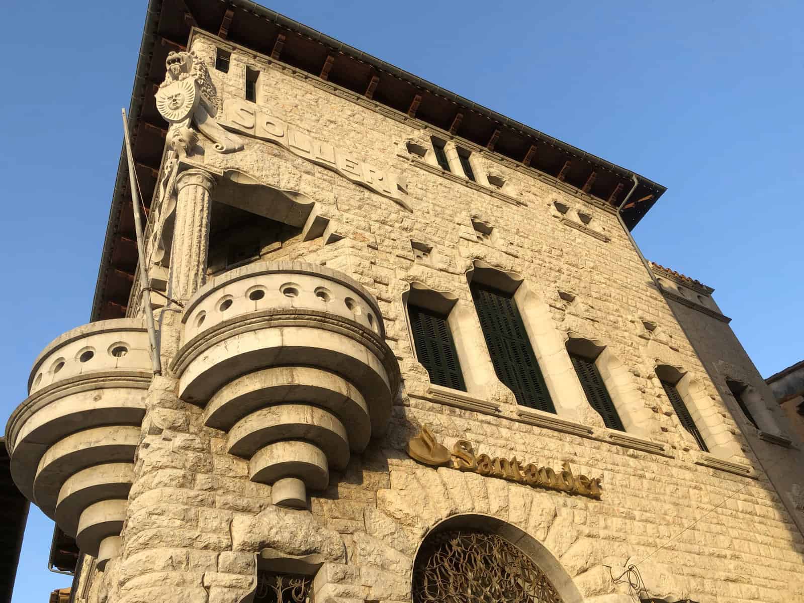 Soller Mallorca Bank Art Nouveau Modernista Architecture Stone Building By Rubio Exterior With Two Curved Balconies