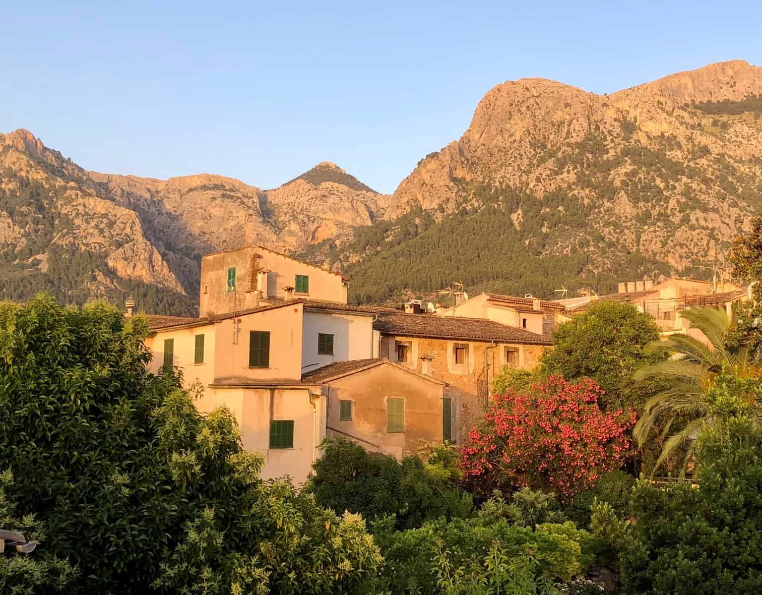 Soller Mallorca Tramuntana Mountains And Traditional Mallorca Houses Green Shutters Golden Light