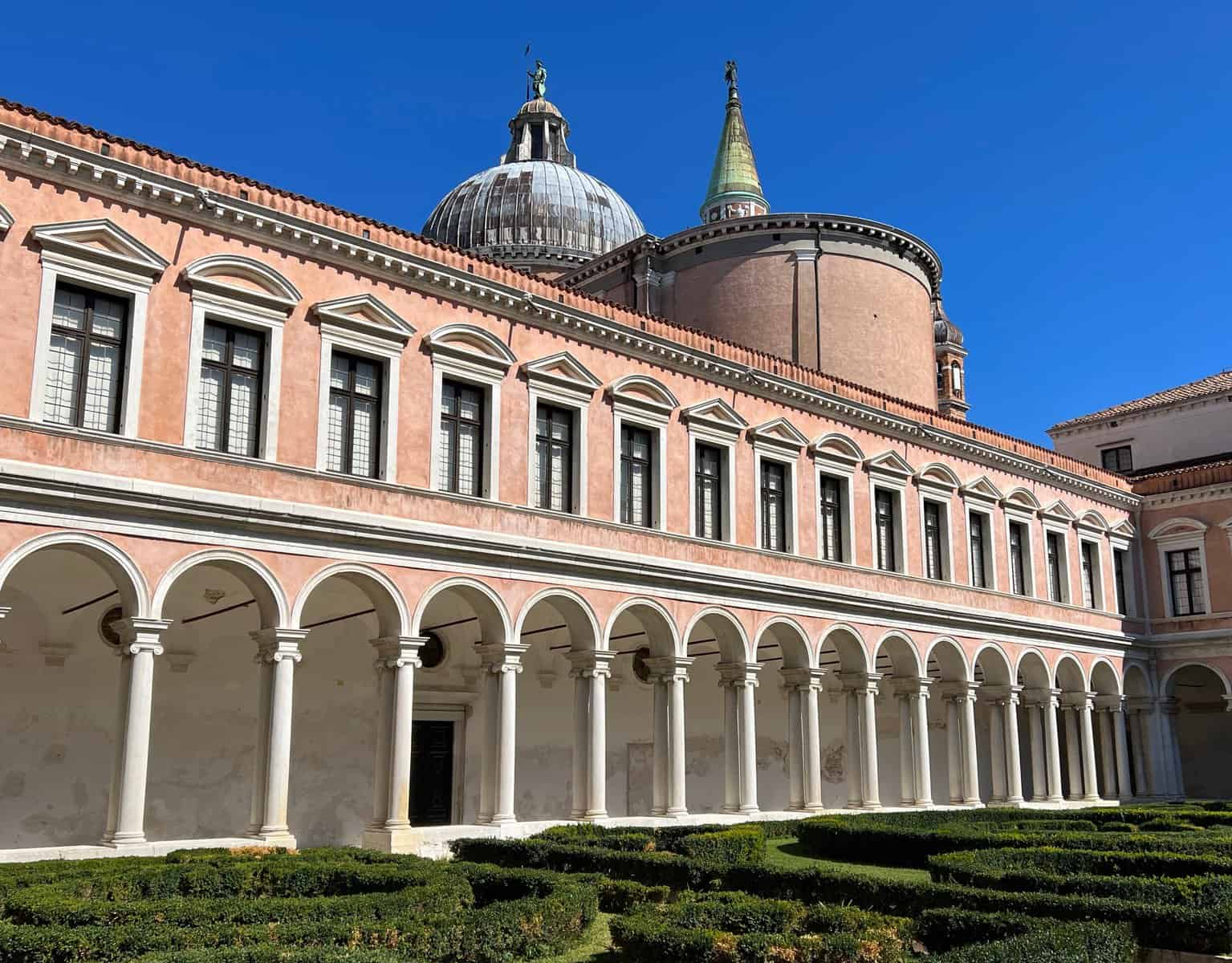 Palladio Venice San Giorgio Maggiore Palladian Cloister With Dome And Belltower And Boxwood Hedges