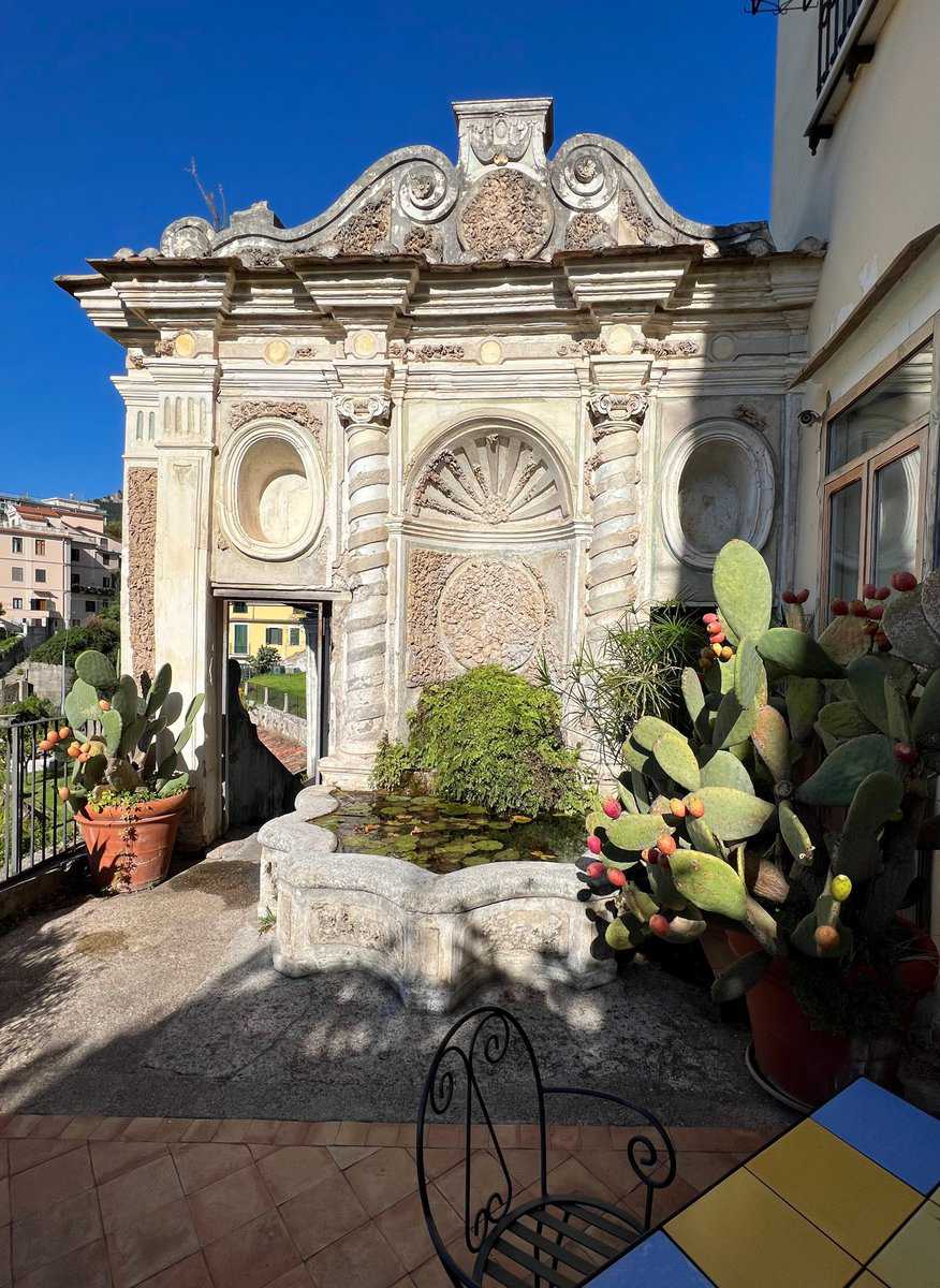 Salerno Italy Minerva Garden Pond Baroque Fountain Tiled Cafe Table With Chair And Cactus