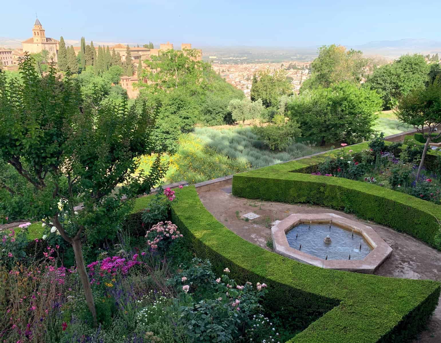 Alhambra Granada Gardens Flowers Hedges And Fountain Terrace View Of Palace Islamic Design