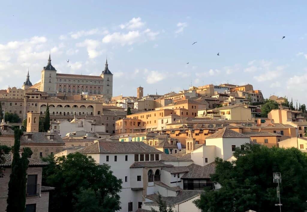 View Of Toledo Spain Alcazar Houses Birds Flying Evening Light