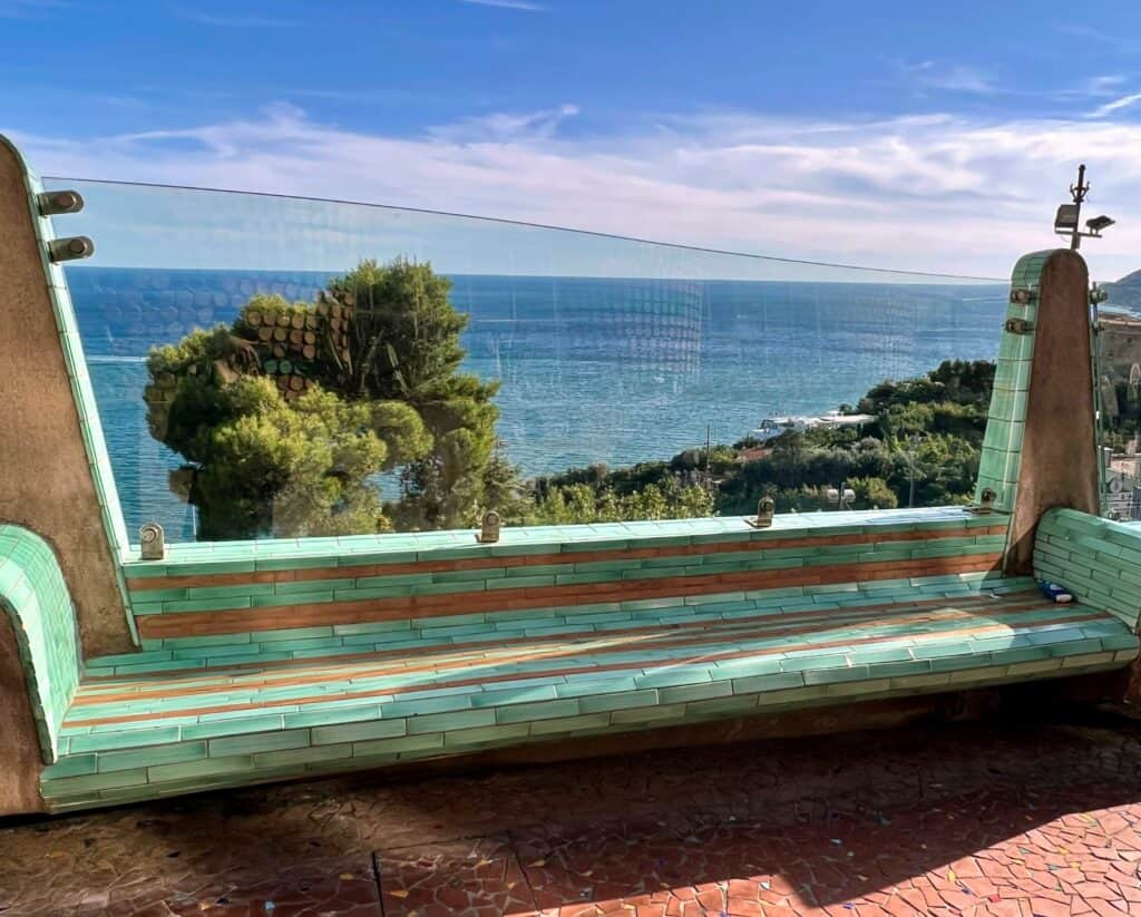 Vietri Sul Mare Amalfi Coast Green Ceramic Bench With Glass Backing Overlooking Sea With Large Pine Tree