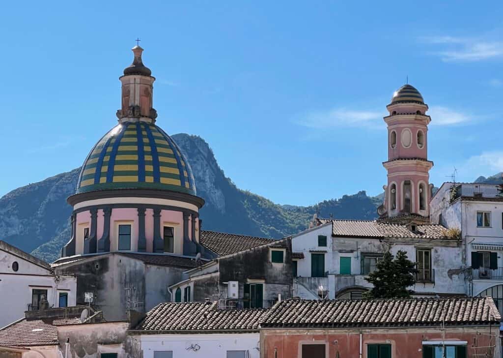 Vietri Sul Mare Amalfi Coast Dome With Ceramic Tile And Rooftops With Mountains