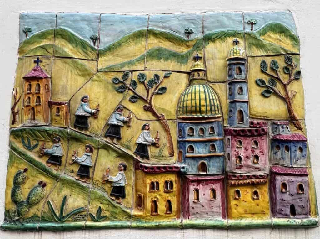 Vietri Sul Mare Ceramic Mural With Houses And Duomo Trees And People