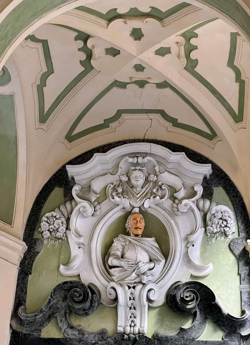 Naples Rione Sanita Palazzo Della Spgnola Marble Baroque Wall Statue With Salvador Dali Mask Ornate Ceiling