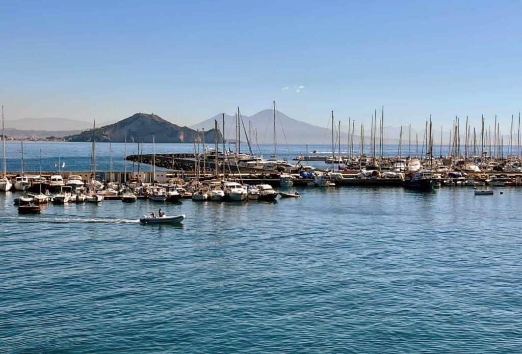 Bay Of Naples View From Ferry To Ischia Mount Vesuvius Small Island And Boats