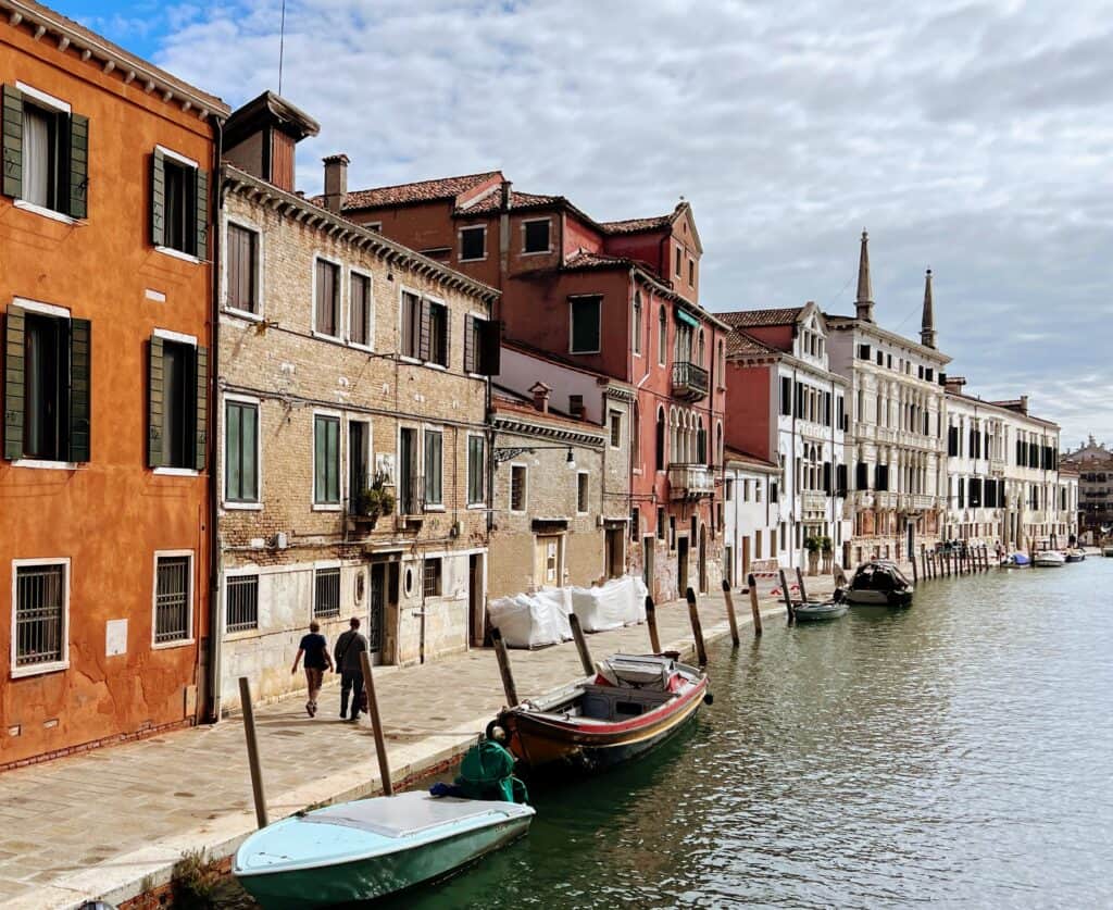 Venice Cannaregio Wide Canal Street Colorful Houses Two People Walking