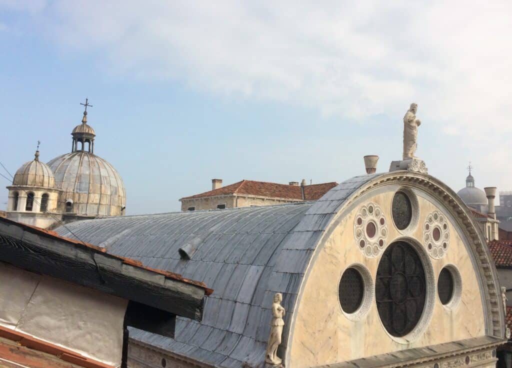 Venice Santa Maria Dei Miracoli Renaissance Church Rooftop View Domes Statues Cannaragio District