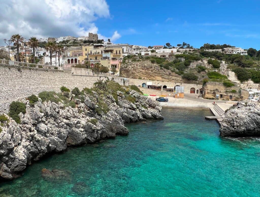 Castro Puglia Adriatic Sea Turquoise Water Rocky Cove Pastel Buildings