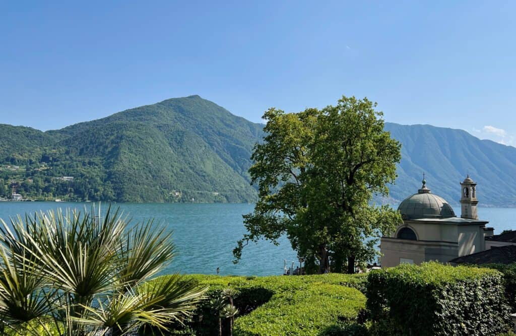 Lake Como Villa Carlotta Gardens View From Above Mountains Trees And Dome