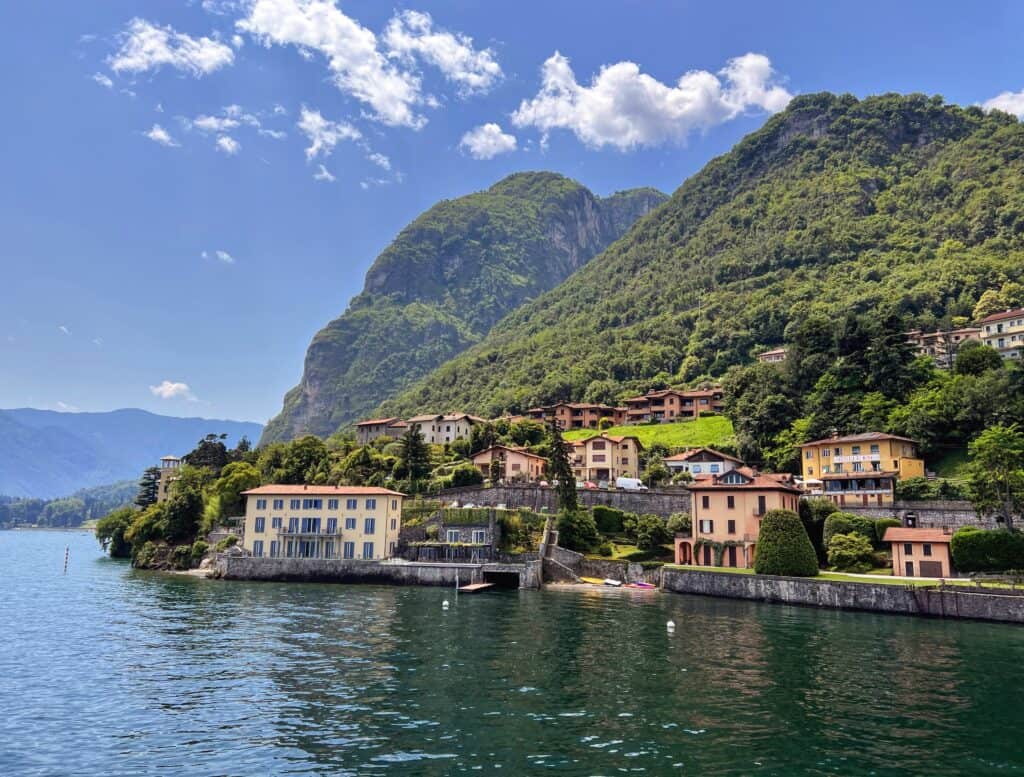 Lake Como Menaggio View From Ferry Lush Mountains Colorful Houses