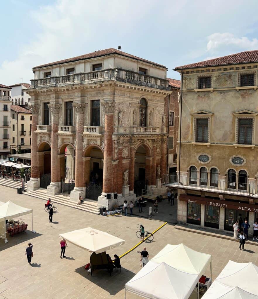 Palladio Palazzo Del Capitaniato Renaissance Loggia Vincenza View From Above Piazza Dei Signoria Cafe Umbrellas Pedestrians