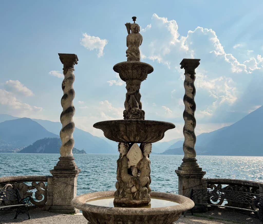 Lake Como Villa Monastero Varenna Lakeside View Of Fountain And Mountains