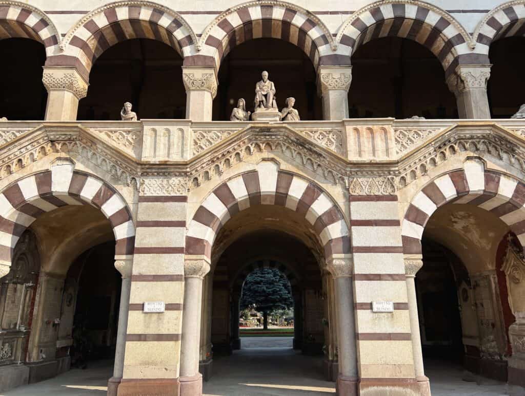 Milan Monumental Cemetery Front Gate Striped Arches And Statues Neo Romanesque Architecture