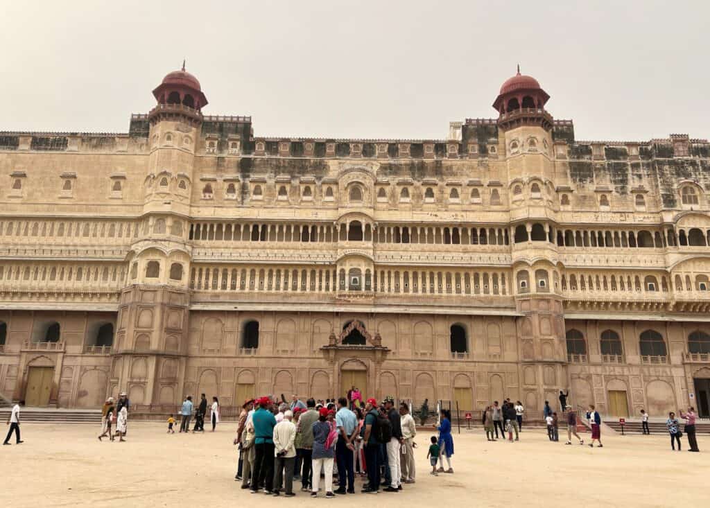 Bikaner Junagarh Fort Exterior Sandstone With Red Cuppolas Tourists Waiting Outside Entrance Rajasthan India