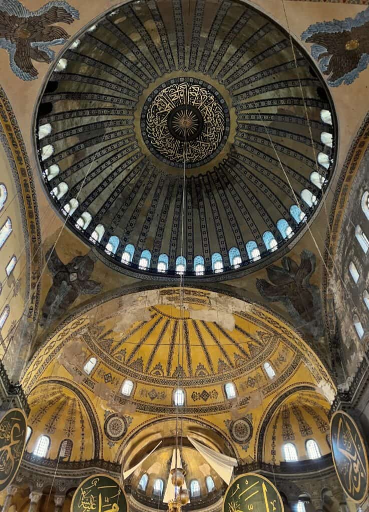 Hagia Sophia Interior View Of Dome And Apse Ceiling With Seraphin Frescoes And Islamic Calligraphy Medallions Istanbul Byzantine Architecture