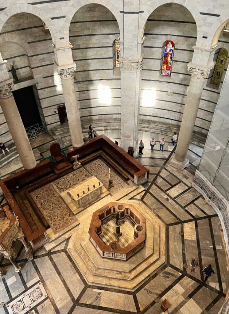 Pisa Baptistery Interior View From Upper Level Round Floor With Polychrome Stripes Romanesque Architecture