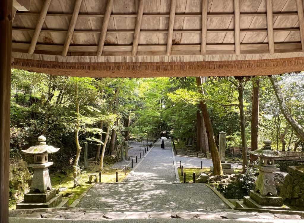 Honen-in Temple View From Gate With Trees And Stone Lanterns Framing Garden Path Kyoto Japan