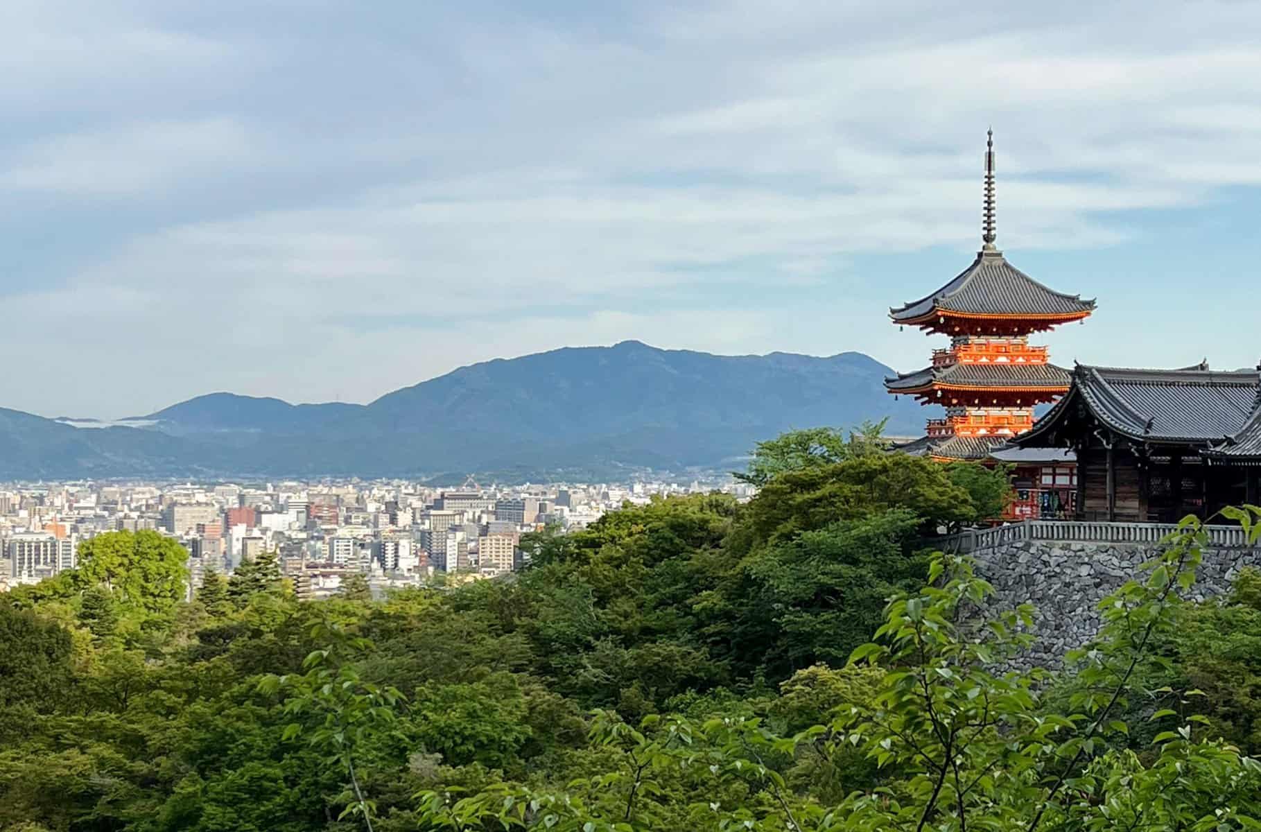Kiyomizu-dera Temple View Of Roof And Green Maple Trees And Kyoto In Distance