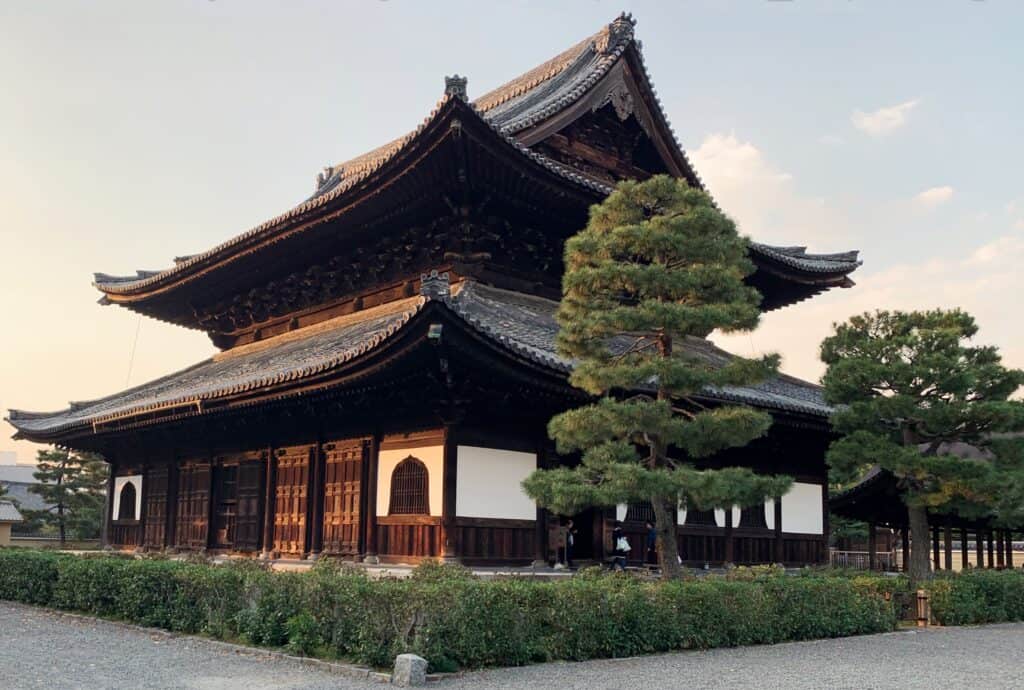 Kennin-ji Temple Exterior Hatto Hall Double Roof Wooden Building With Pine Trees Zen Architecture Kyoto