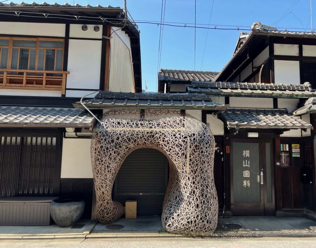Kyoto Gion Street Woven Bamboo Screen Over Doorway Traditional Wooden Houses