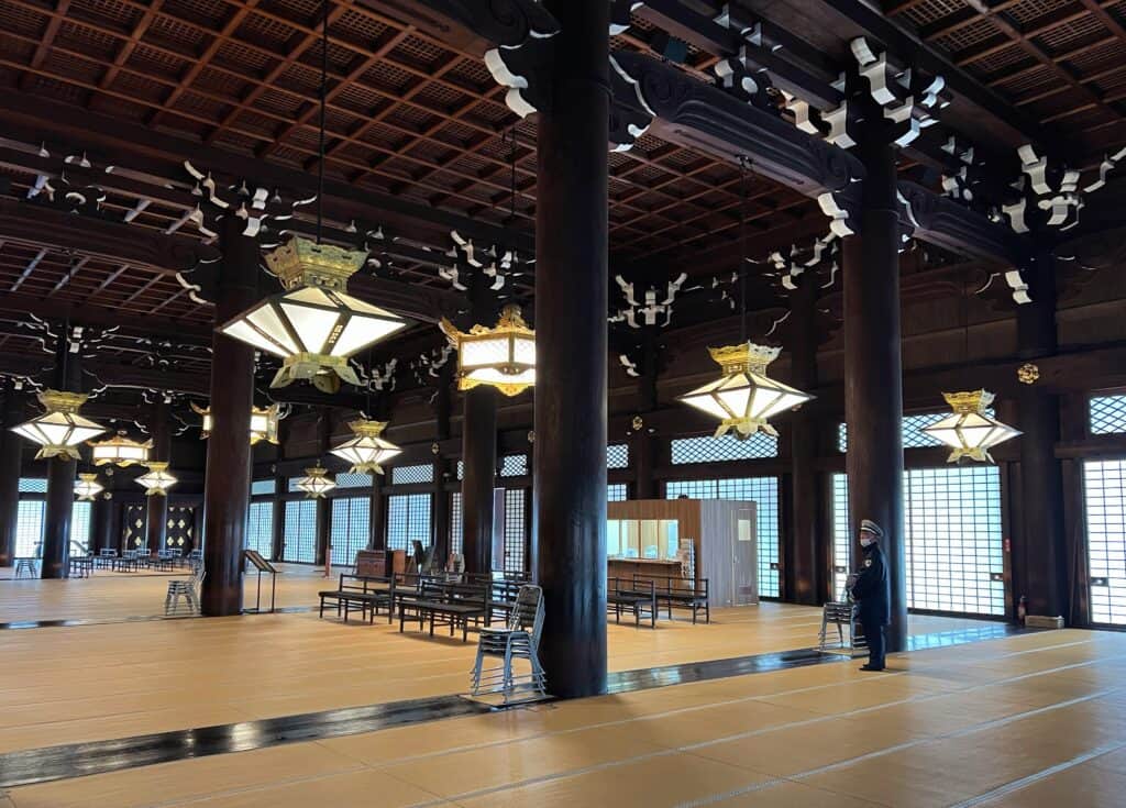 Interior Amida Higashi Hongan-ji Temple Complex Sixteenth Century Kyoto Architecture Wood Columns And Ceiling With Hanging Lights